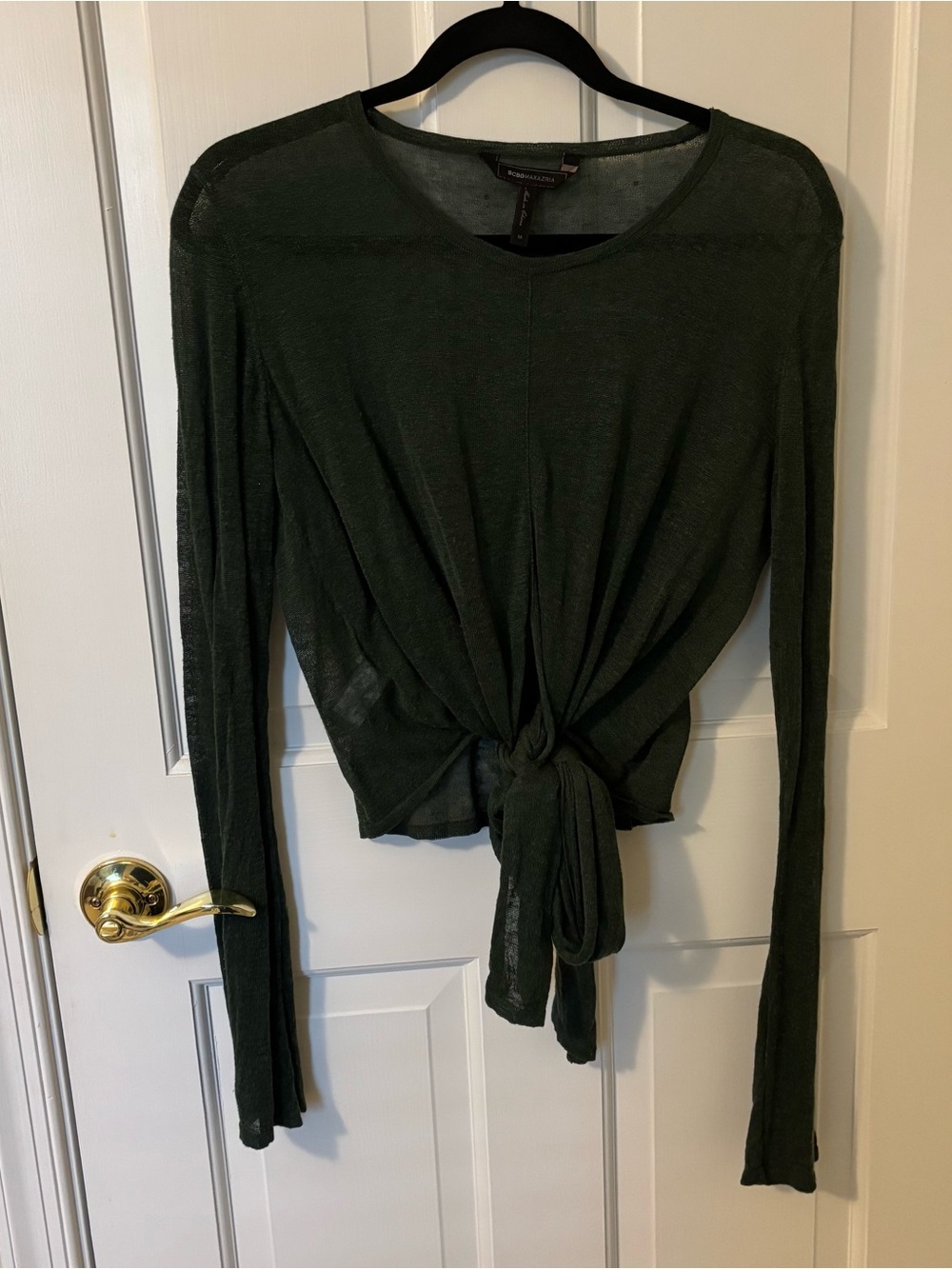 BCBGMaxAzria Dark Green Long Sleeve Tie-Front Top